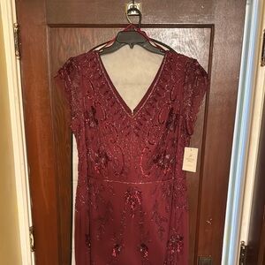 Adrianna Papell Red Sheath Dress with V-Neck and Flutter Sleeves
